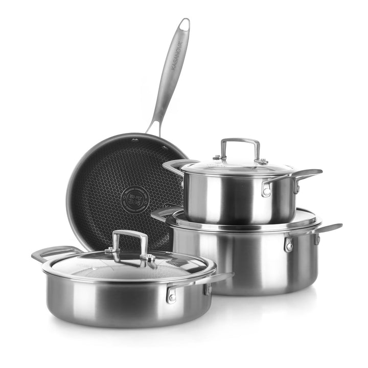 KASANOVA Tri-ply Kochgeschirr-Set 7-teilig, dreilagiger Edelstahl, für Induktion und alle Herdarten