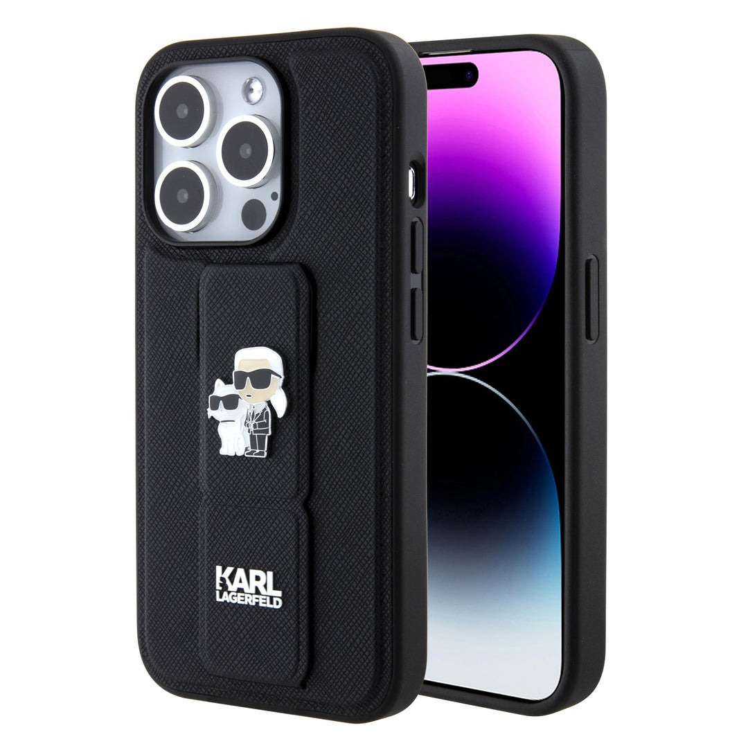 CG Movie Karl Lagerfeld Schutzhülle für iPhone 15 Pro Max, Saffiano-Leder, Schwarz, Schwarz