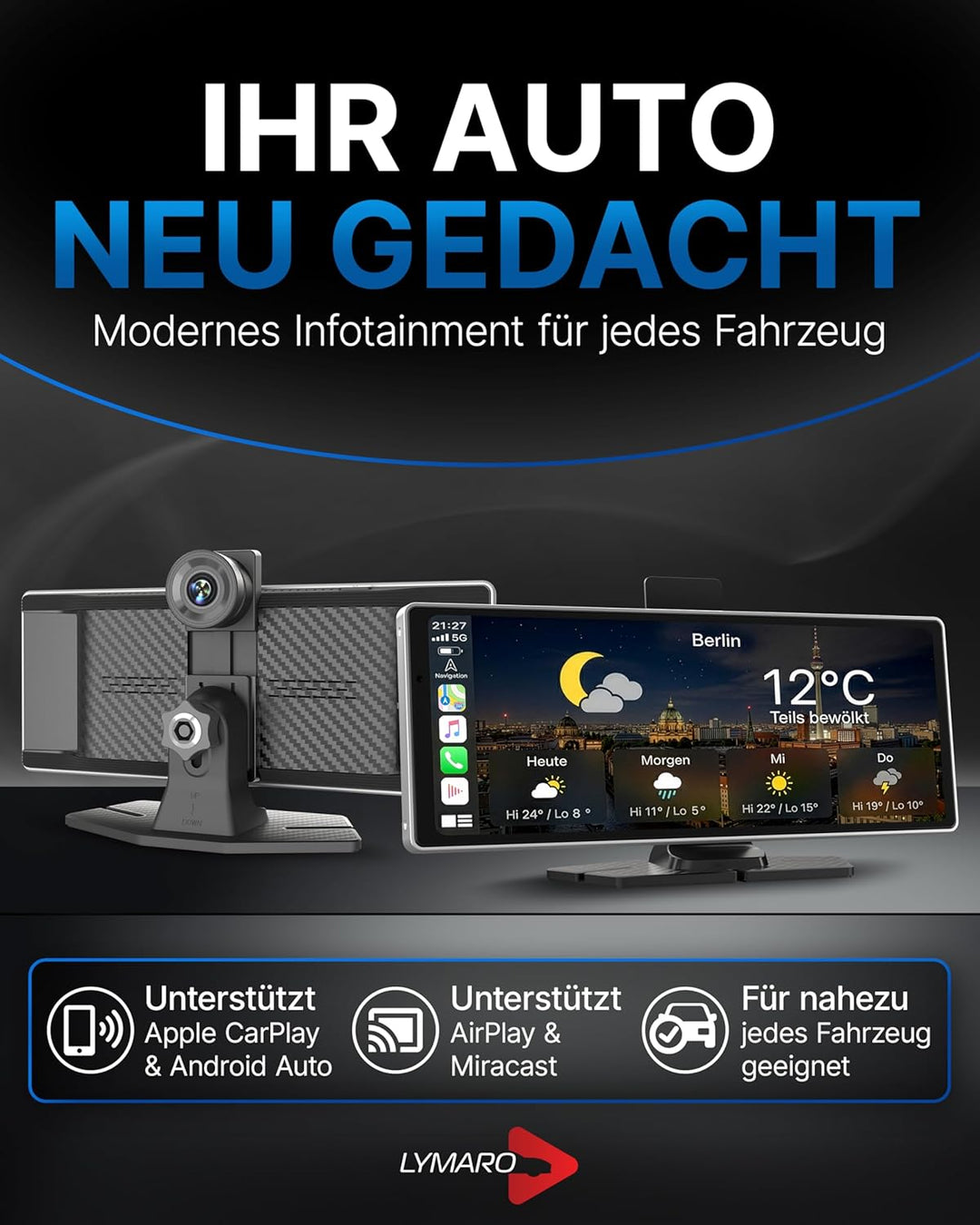 Wireless CarPlay Display & Android Display fürs Auto, tragbares Apple Auto CarPlay Display & Android