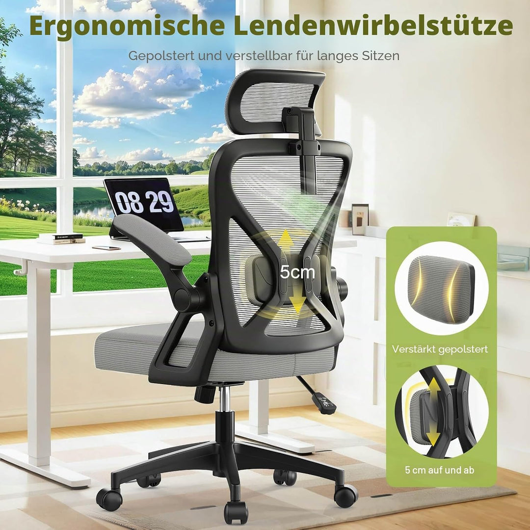 Bürostuhl, ergonomischer Schreibtischstuhl mit gepolsterter Lendenwirbelstütze und hochklappbaren Ar