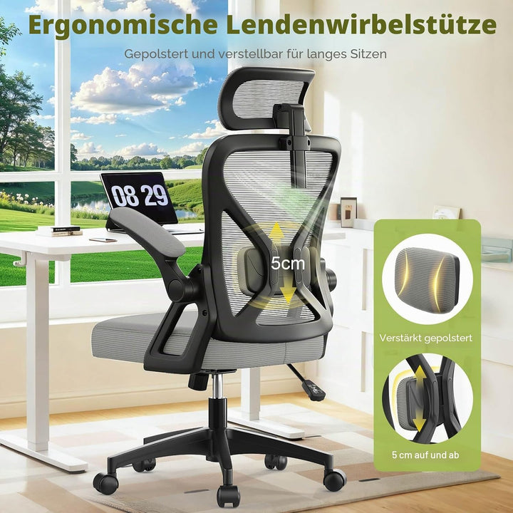 Bürostuhl, ergonomischer Schreibtischstuhl mit gepolsterter Lendenwirbelstütze und hochklappbaren Ar