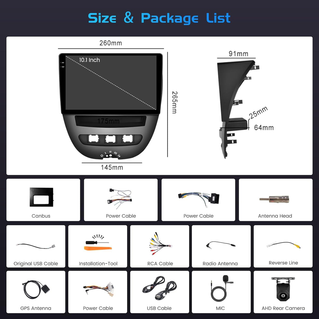 Inefala 4+128G Autoradio für Toyota Aygo/Peugeot 107/Citroen C1 2005-2014 Android 15 mit 10&