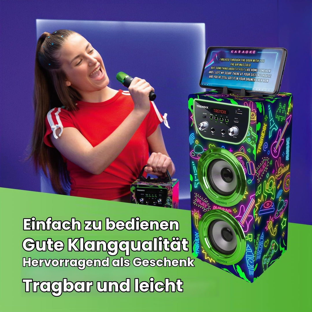 Trendix - Karaoke Maschine Kinder Neon World | Karaoke Anlage Mit 2 Mikrofonen | Musikbox Kinder Rad