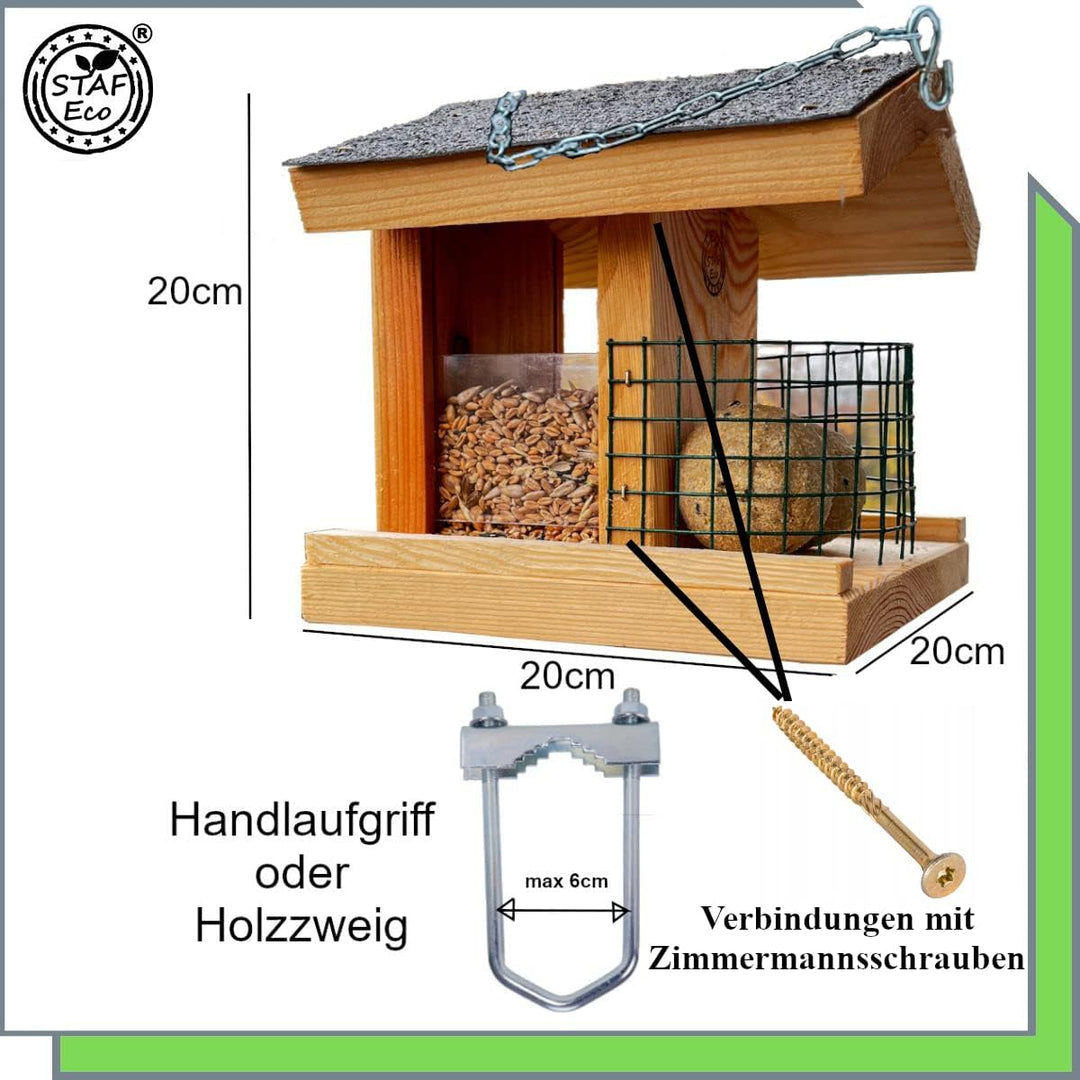 STAFECO® Vogelfutterhaus für Balkon oder zum Aufhängen wetterfest Futterhaus Handarbeit aus Natur Ho