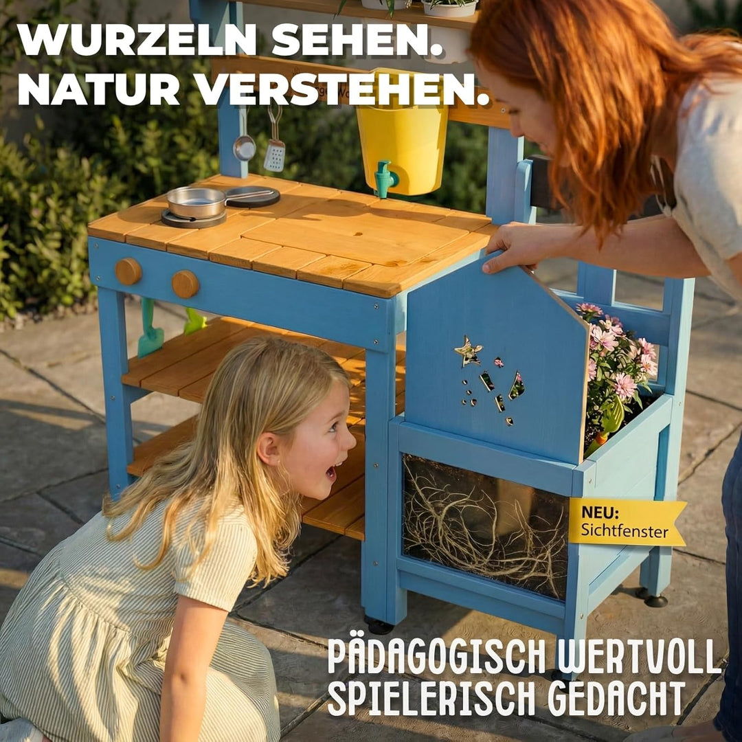 Matschküche Kinder Outdoor mit Wassertank & Spülbecken, mit Pflanzkasten, Mud Kitchen Holz, Spielküc