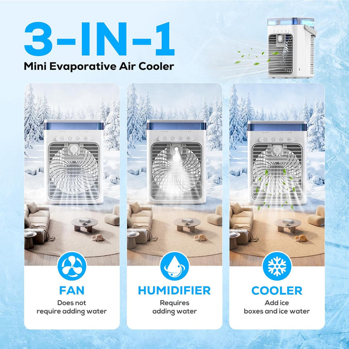Tragbares Klimagerät, 3-in-1 Verdunstungskühler mit 3 Geschwindigkeiten & 2 Nebelmodi, 1000ml Mini K