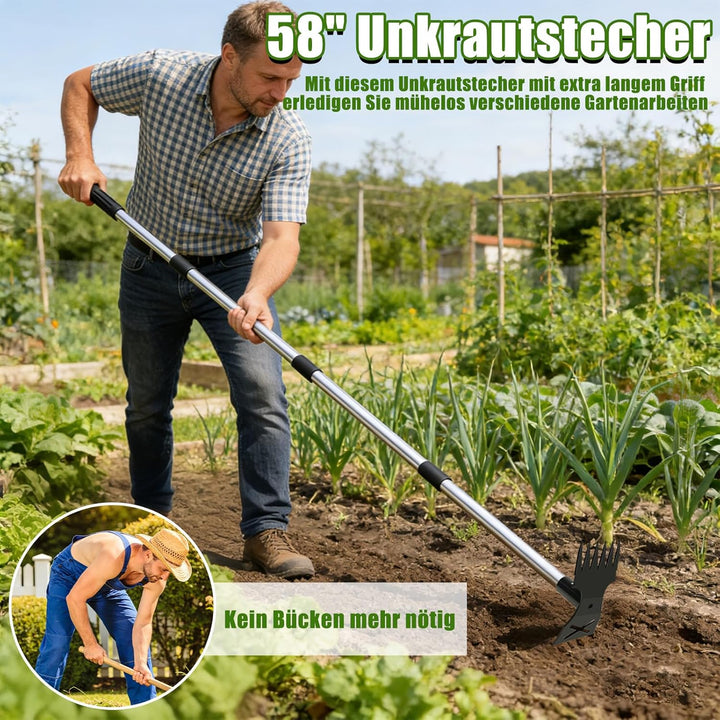 YL Unkrautstecher mit Länge Stiel 1.47 m, 2 in 1 Manuell Gartenhacke 6 Zinken & Flachhacke, Unkrautj
