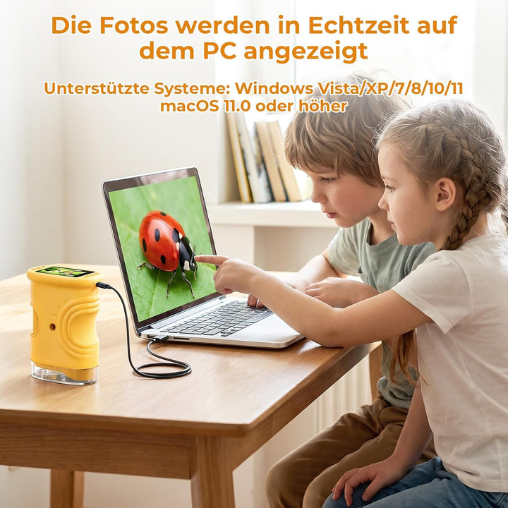 Digitales Mikroskop für Kinder, 1000X Vergrösserung mit 2.0" IPS Bildschirm, USB Wiederaufladbar und