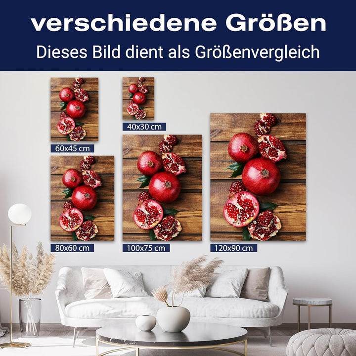 wandmotiv24 Obst & Gemüse als Leinwandbild, 60x45cm, Hochformat, Granatapfel, Holztisch, Küche, Lebe