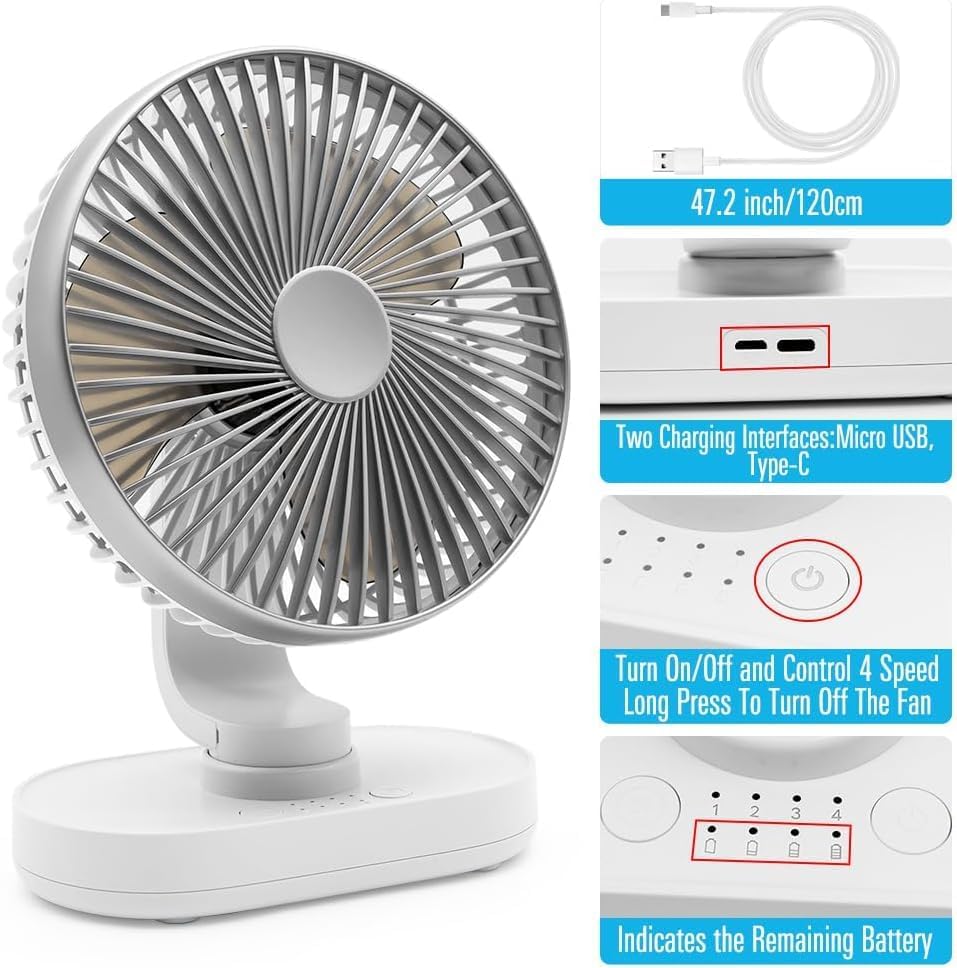 Tischventilator sehr Leise, 16,5CM Klein Ventilator, Auto Oszillierend, 4 Geschwindigkeiten, Starkem
