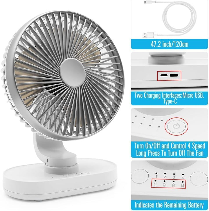 Tischventilator sehr Leise, 16,5CM Klein Ventilator, Auto Oszillierend, 4 Geschwindigkeiten, Starkem