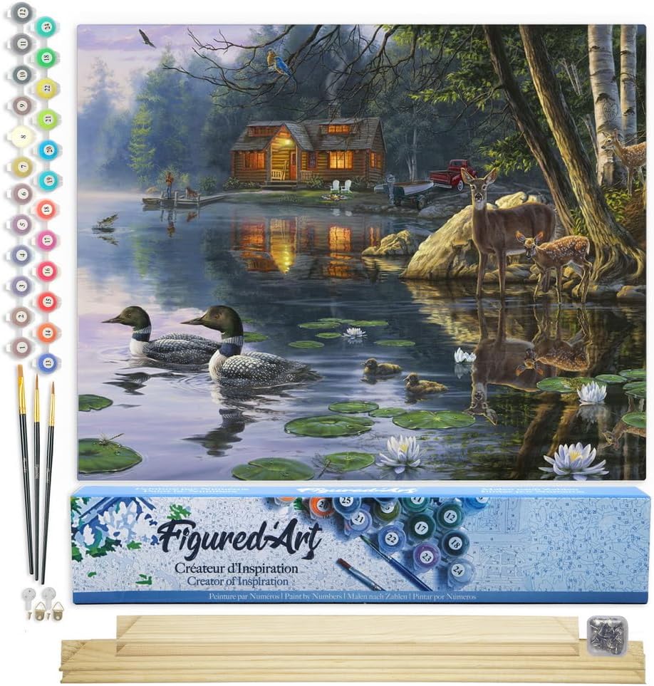 Figured'Art Malen Nach Zahlen Erwachsene Mit Rahmen Chalet am See - Paint by Numbers Basteln DIY Bas