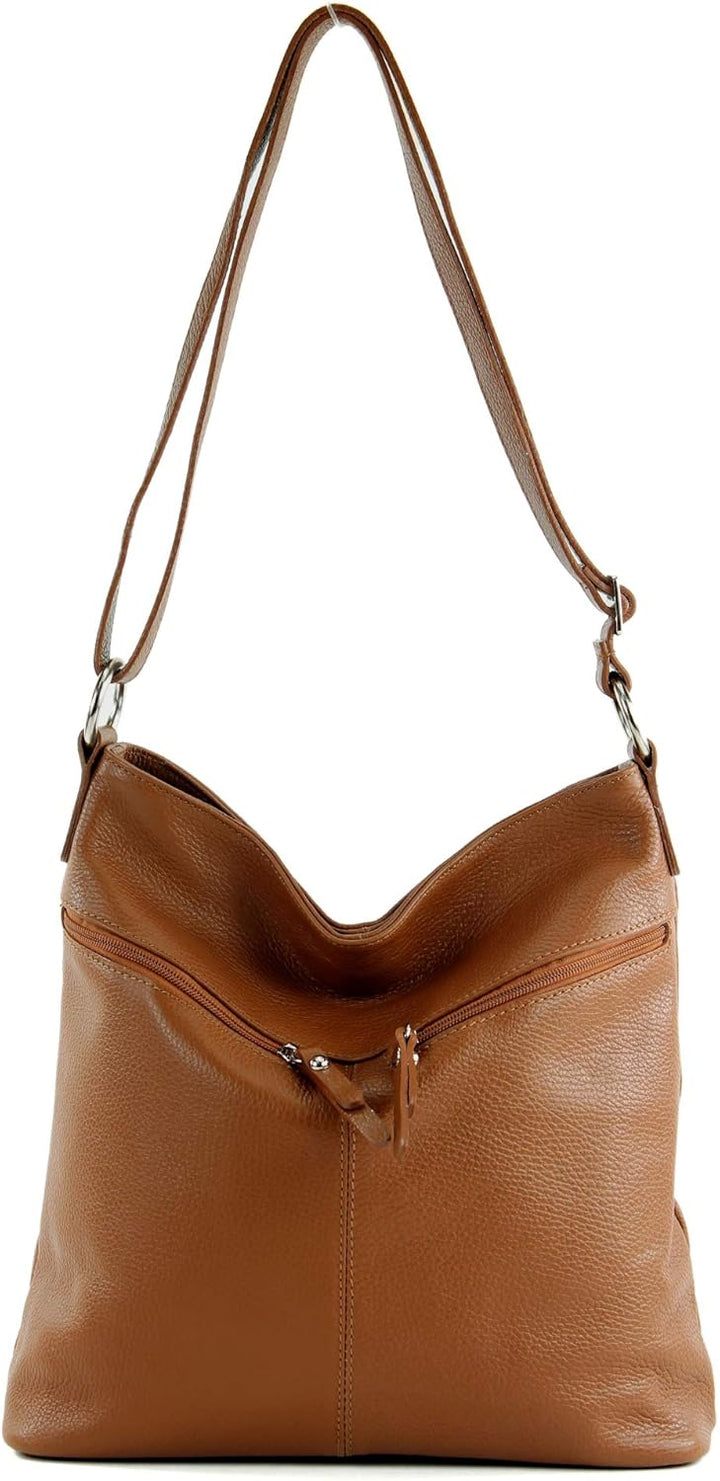 modamoda de - T196 - ital Umhängetasche Schultertasche aus Leder Cognac, Cognac
