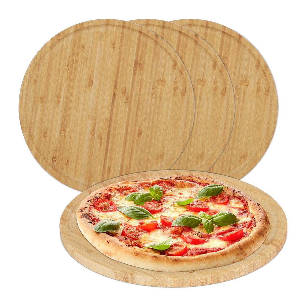 Relaxdays Pizzateller, 4er Set, Bambus, Ø 32 cm, Servierbrett für Pizza, Flammkuchen, Käse, rundes P