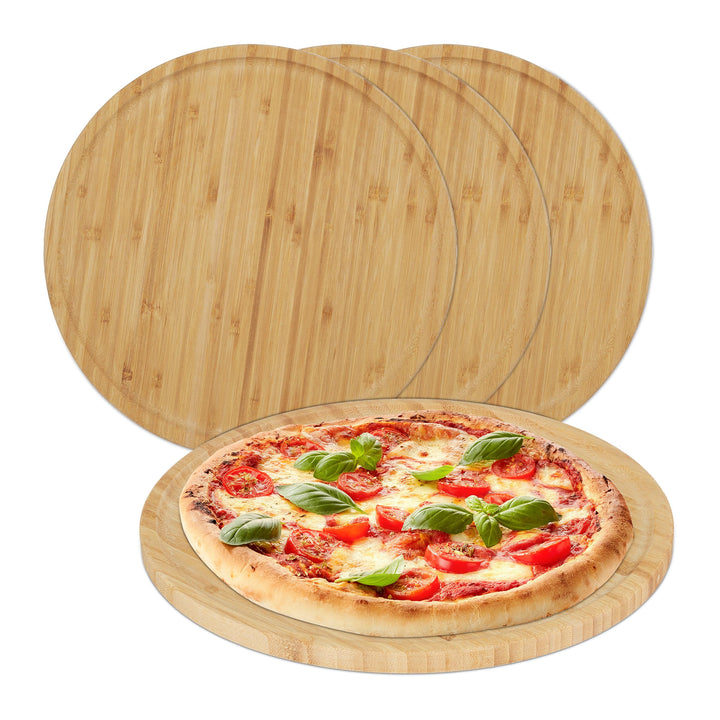 Relaxdays Pizzateller, 4er Set, Bambus, Ø 32 cm, Servierbrett für Pizza, Flammkuchen, Käse, rundes P