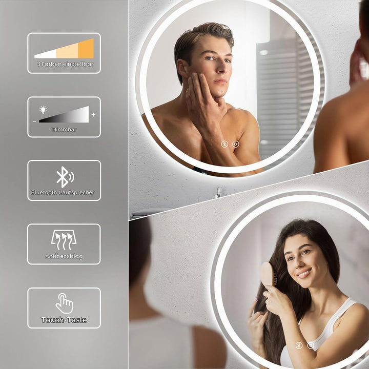 Dripex Badspiegel mit Beleuchtung Rund Led Spiegel mit Bluetooth-Lautsprecher und Touch-Schalter, Di