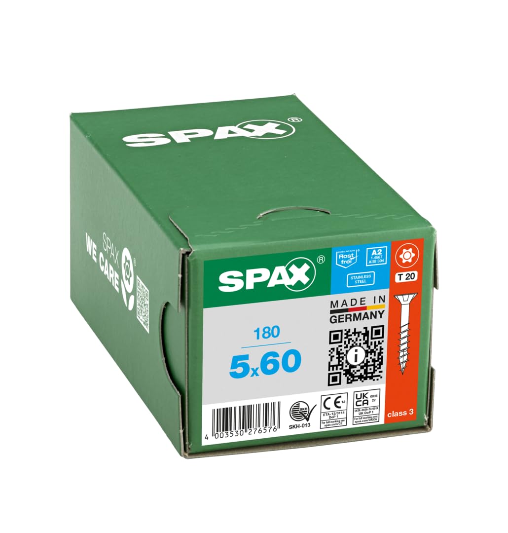 SPAX Universalschraube, 5 x 60 mm, 180 Stück, Teilgewinde, Senkkopf, T-STAR plus T20, 4CUT, Edelstah