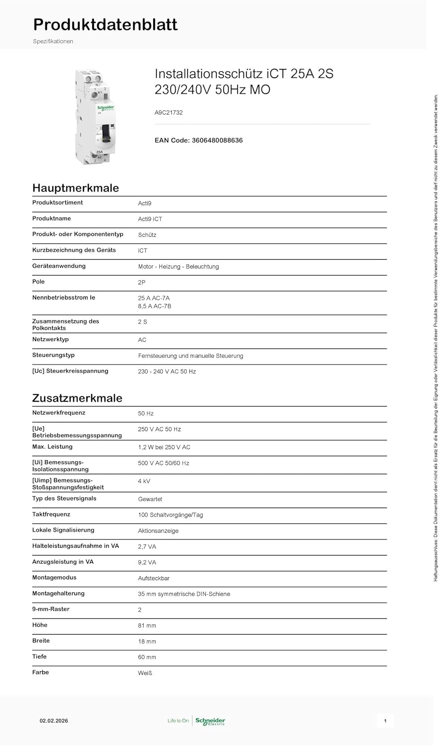 Schneider Electric A9 C21732 Schütz Modular ICT 25 A 2 NO 230-.240 V 50 Hz Mo