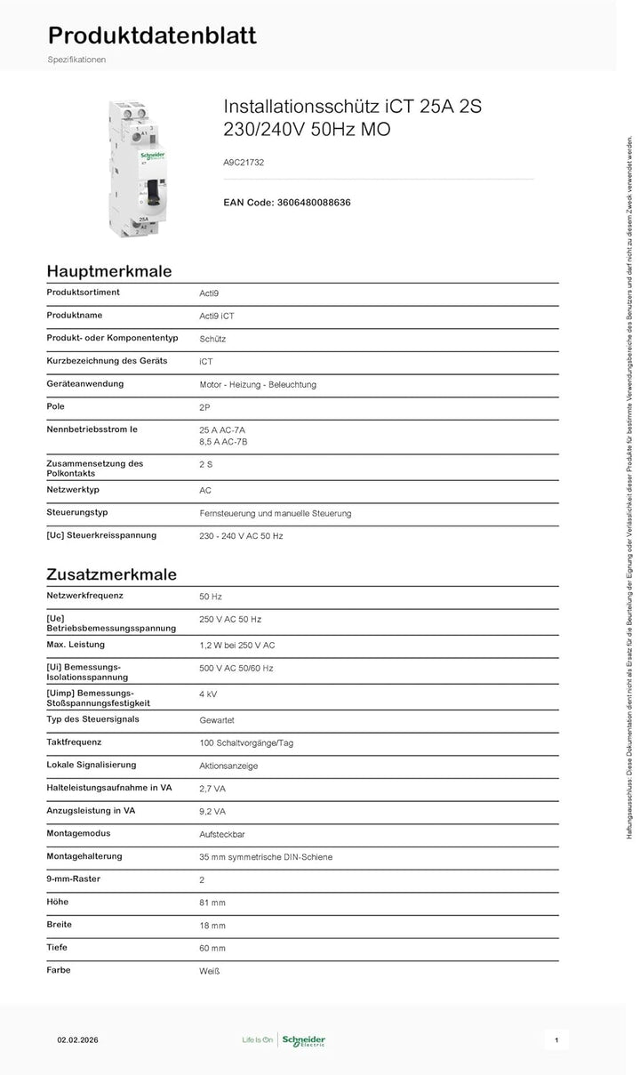 Schneider Electric A9 C21732 Schütz Modular ICT 25 A 2 NO 230-.240 V 50 Hz Mo