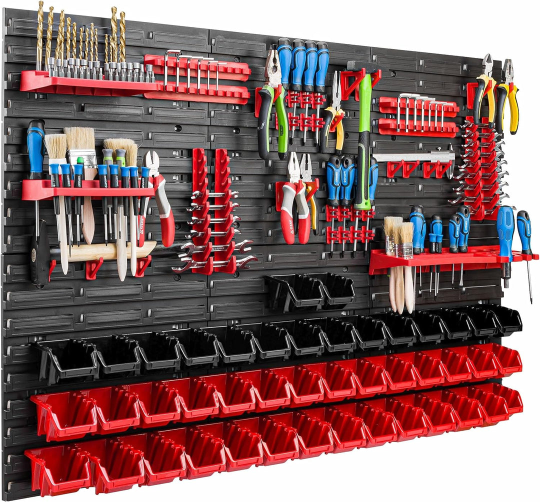 Lagersystem Werkstattregal | 117 x 78 cm | 44 stck. Box | Wandregal mit Werkzeughalterungen und Stap