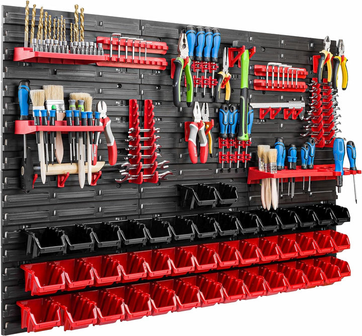 Lagersystem Werkstattregal | 117 x 78 cm | 44 stck. Box | Wandregal mit Werkzeughalterungen und Stap