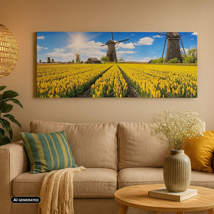 ARTTOR Wandbilder Dekoration Wohnzimmer Tulpen Windmühle Wiese Landschaft Bilder auf Leinwand 120x50