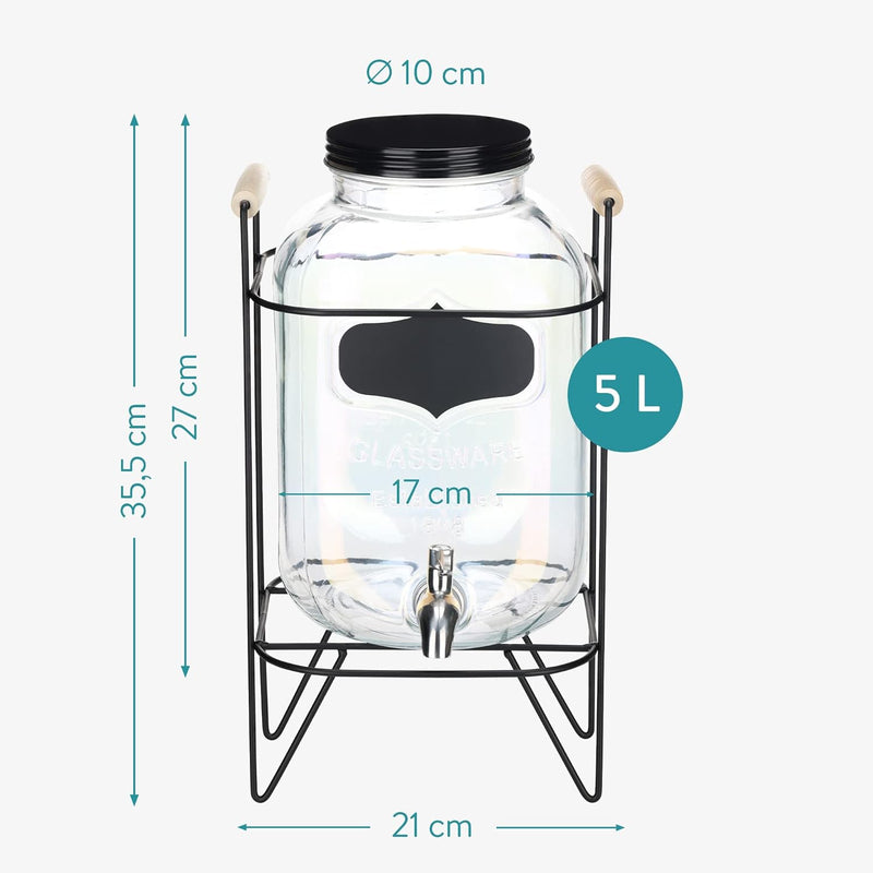 Navaris Getränkespender 5 Liter aus Glas - Zapfhahn aus Edelstahl und Ständer - Wasserspender Glasbe