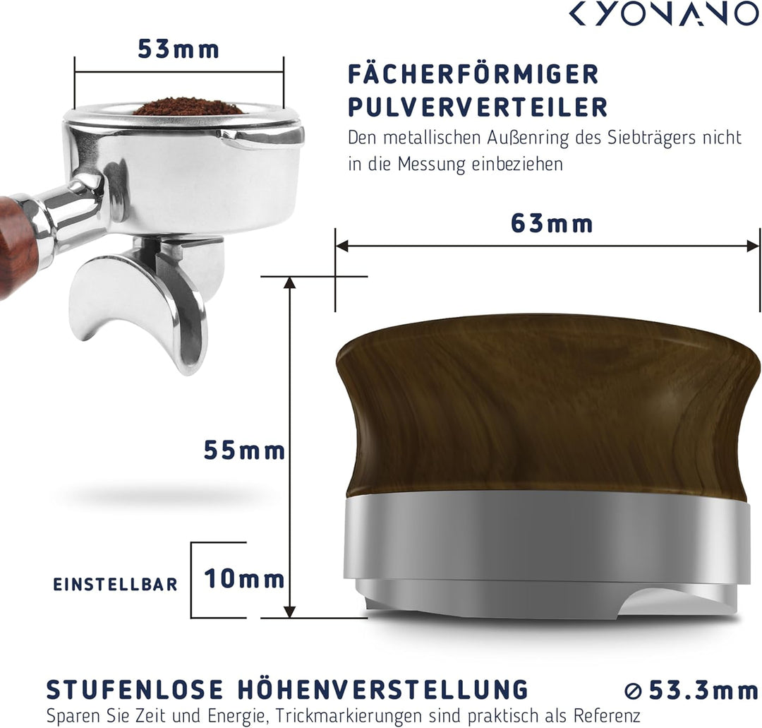 KYONANO Distributor 53.3mm höhenverstellbar, Kaffeepulver-Verteiler aus Premium Edelstahl & Walnussb