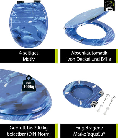 'aquaSu® WC-Sitz mit Absenkautomatik, Delphin Dekor Gruss Vom Meer, Toilettensitz mit Holzkern, Schn