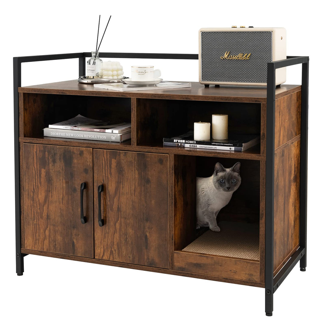 GOPLUS Katzenschrank, Katzentoilette mit Doppeltüren & stabilem Metallrahmen & Kratzbrett & 2 Fächer