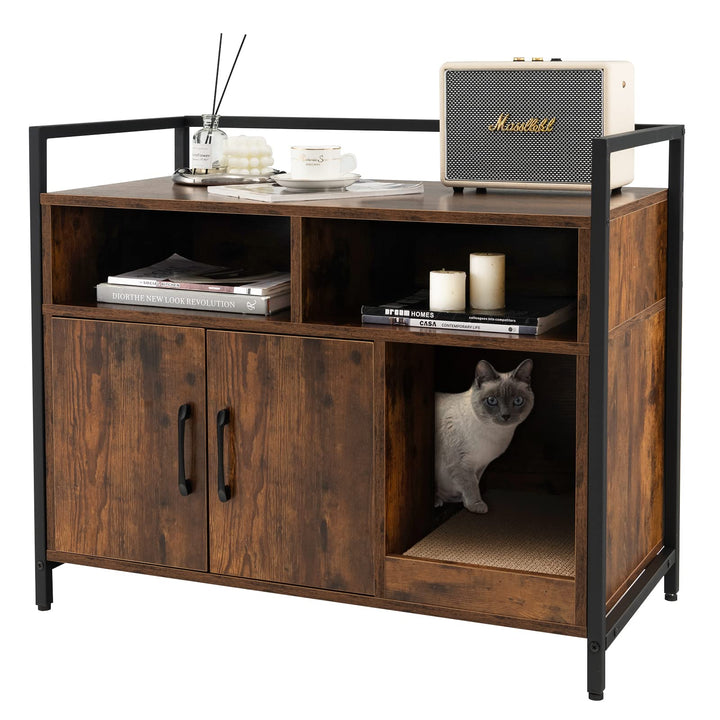 GOPLUS Katzenschrank, Katzentoilette mit Doppeltüren & stabilem Metallrahmen & Kratzbrett & 2 Fächer