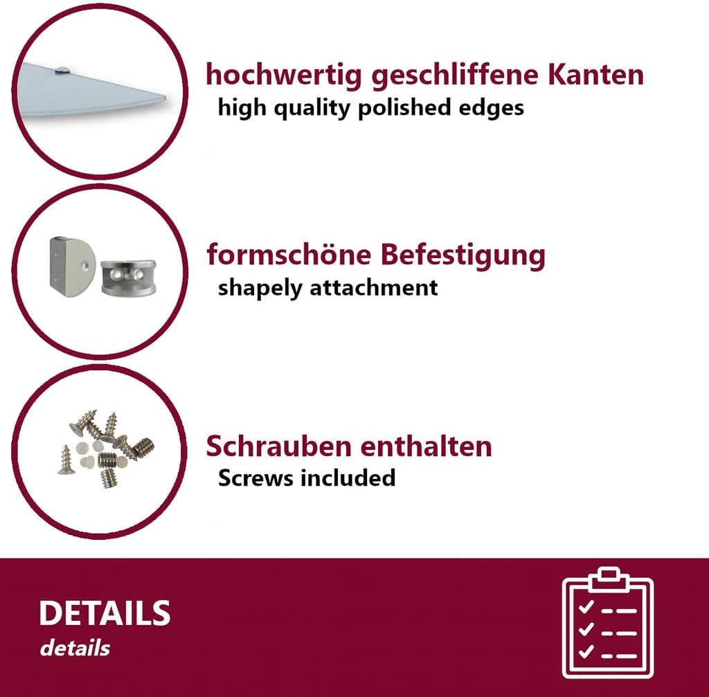 Euro Tische Glas Eckregal 25x25cm, Wandregal für Badezimmer, Duschregal Bad, Glas Badregal mit 6mm E