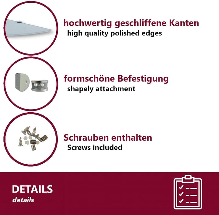 Euro Tische Glas Eckregal 25x25cm, Wandregal für Badezimmer, Duschregal Bad, Glas Badregal mit 6mm E