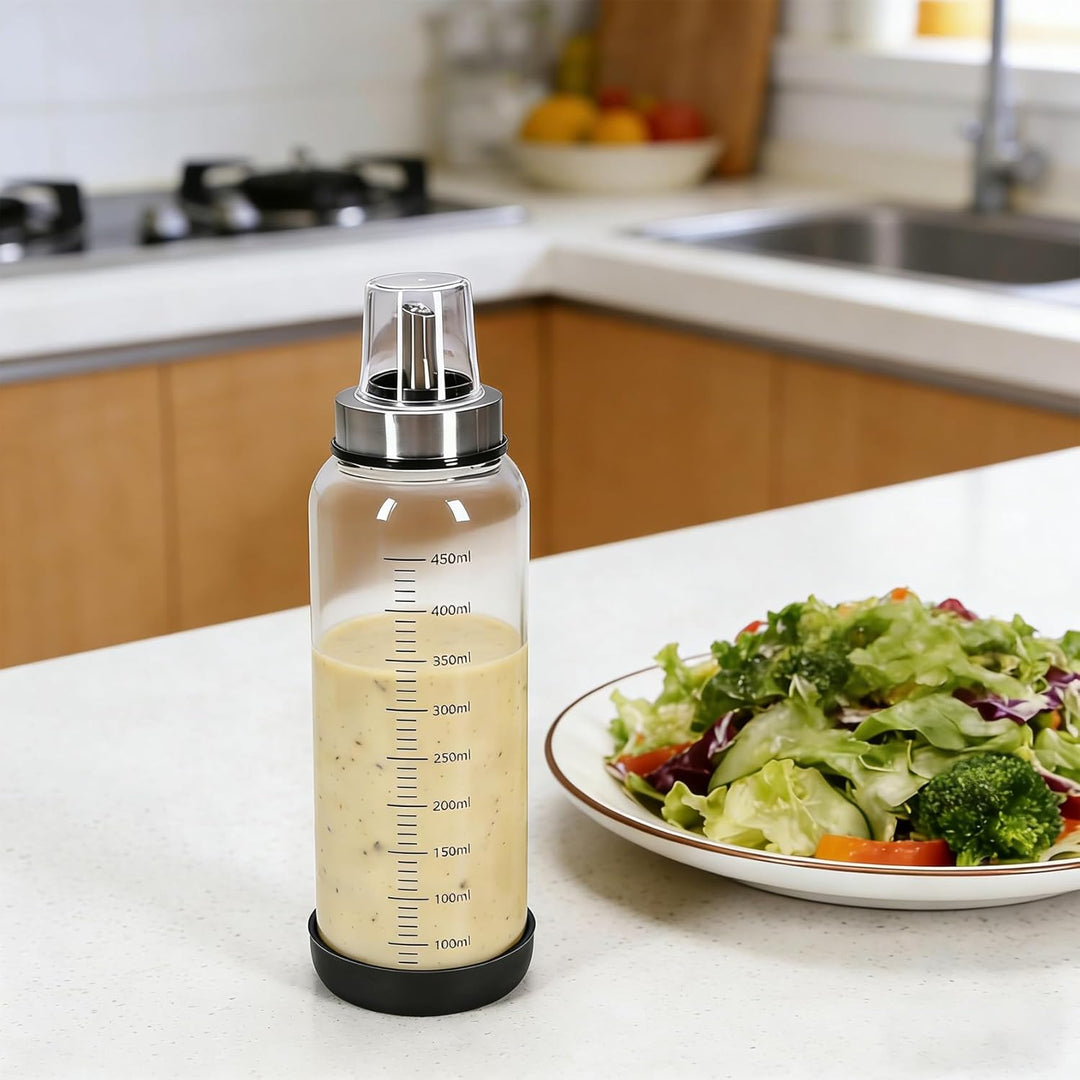 Salatdressing Shaker aus Glas 450 ml 2er Set, Dressingshaker mit Edelstahl Ausgiesser Tropffrei, Sau