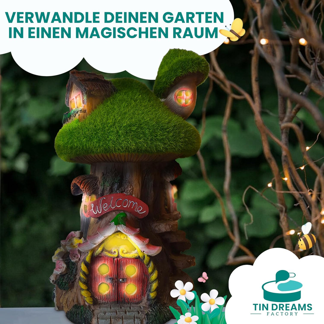 Feenhaus für den Garten mit Solarlicht - Fairy Tree House aus Harz - Aussendekoration für Garten, Te