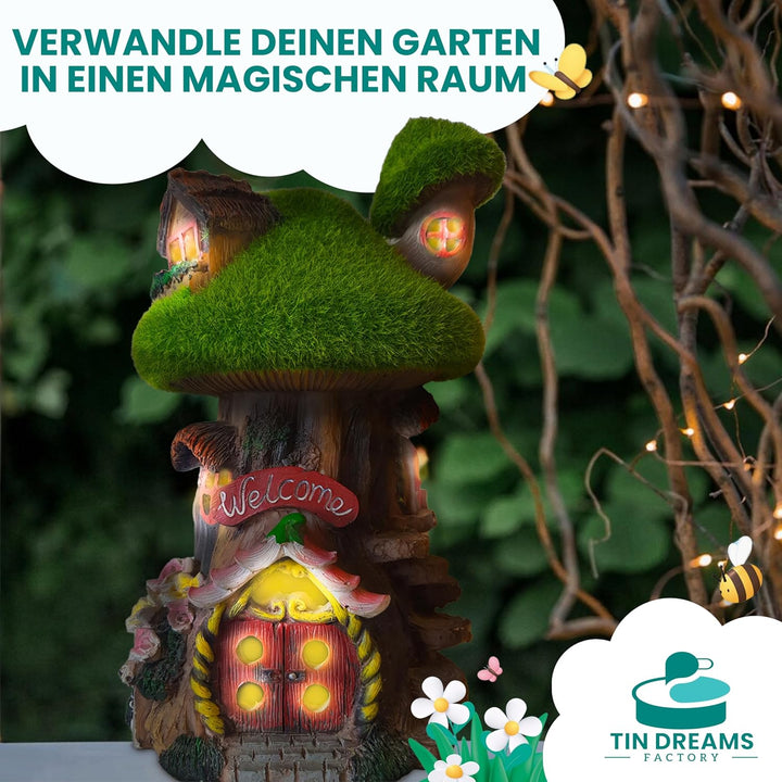 Feenhaus für den Garten mit Solarlicht - Fairy Tree House aus Harz - Aussendekoration für Garten, Te
