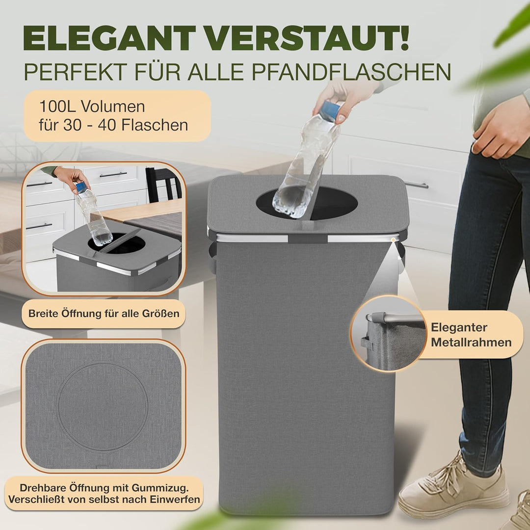 Pfandflaschen Sammelbehälter mit Tragetasche, Reissverschluss, Metallrahmen und Drehdeckel am Pfandf