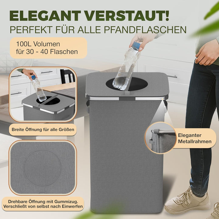Pfandflaschen Sammelbehälter mit Tragetasche, Reissverschluss, Metallrahmen und Drehdeckel am Pfandf