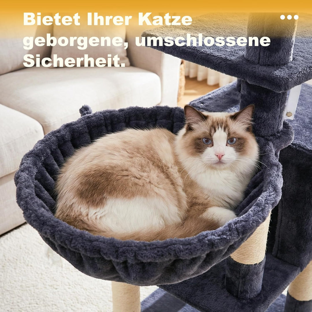 Hey-brother Kratzbaum, 111 cm Katzenbaum mit Spielzeug, Katzenkratzbaum mit Plattform, Hängematte un