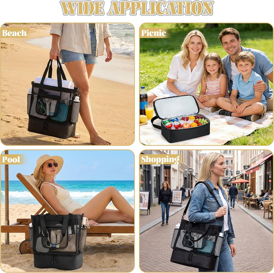 Strandtasche mit Kühlfach - Grosse Mesh Beach Bag wasserdicht mit Reissverschluss &amp; Fächern, Abnehmb