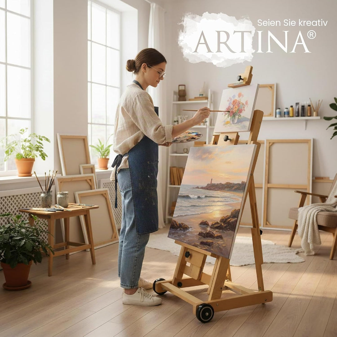 Artina Profi Studio Atelierstaffelei Buche für 2 Leinwände gleichzeitig bis Leinwandhöhe 195 cm Bord