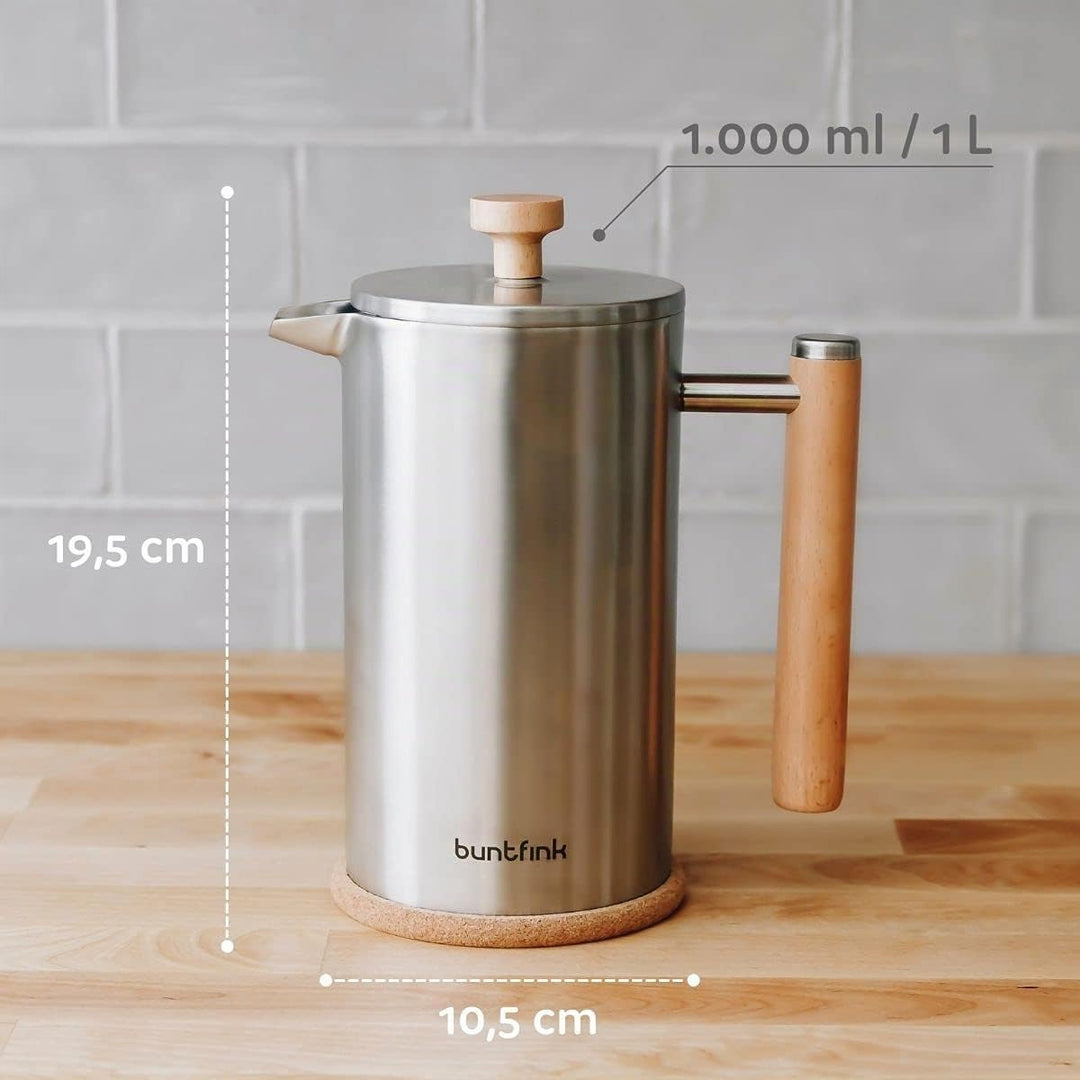 Buntfink French Press Thermo 1 Liter aus Edelstahl und Holz | Kaffeebereiter doppelwandig isoliert |