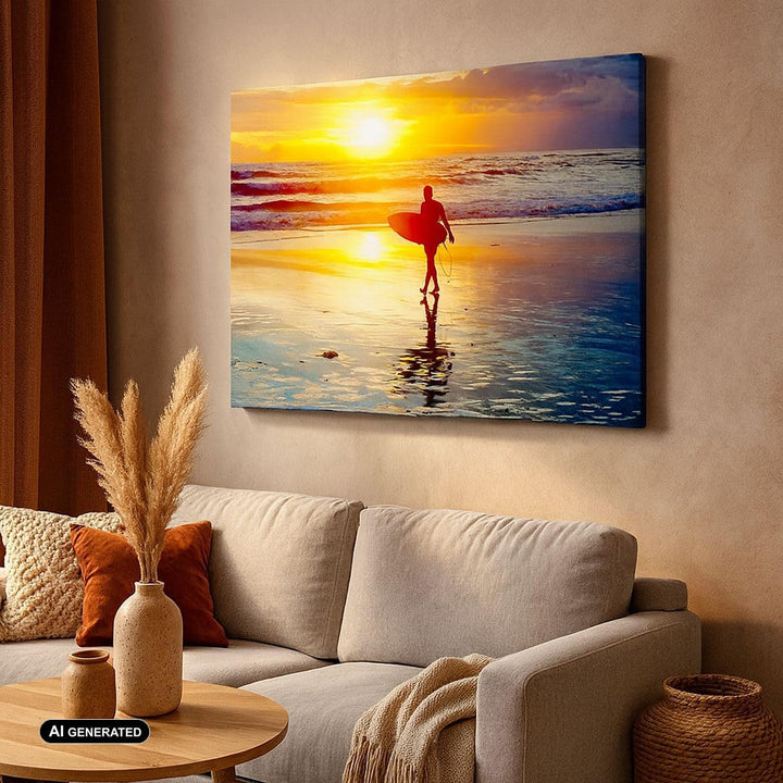Bilder auf Leinwand Surfer sonnenuntergang ozean brett Leinwandbild 70x50cm Wandbilder Dekoration Wo