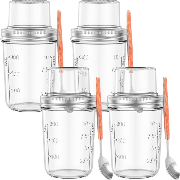 4 Stück Müslibecher To Go,500 ml + 90 ml,Doppelschicht Design,Trocken/Flüssig Trennung,Overnight Oat