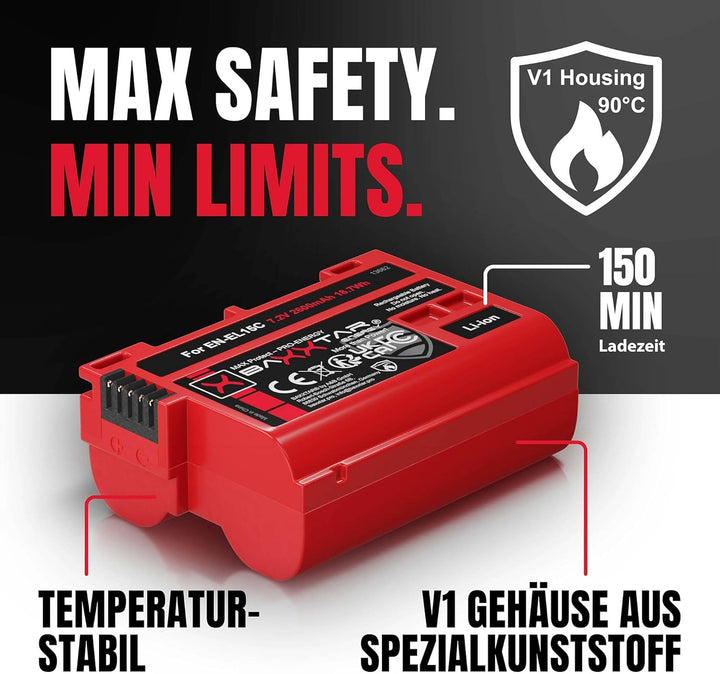 Baxxtar MaxProtect EN-EL15c Kamera-Akku (2400mAh) mit aktivem NTC-Sensor und V1 Gehäuse - auch für Z