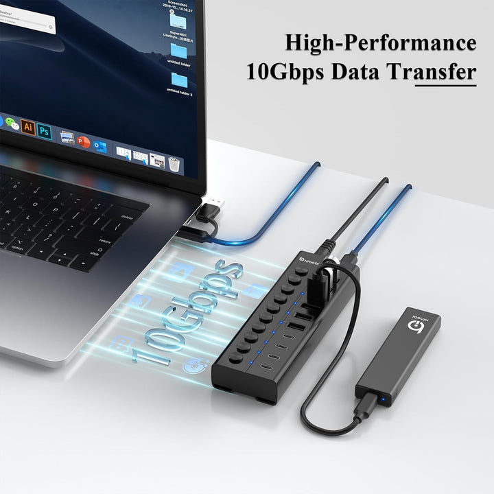 10 Port USB Hub mit Netzteil 60W - 10Gbps USB 3.2 Gen 2 Hub Aktiv aus Aluminium mit 6 USB-A & 4 USB-