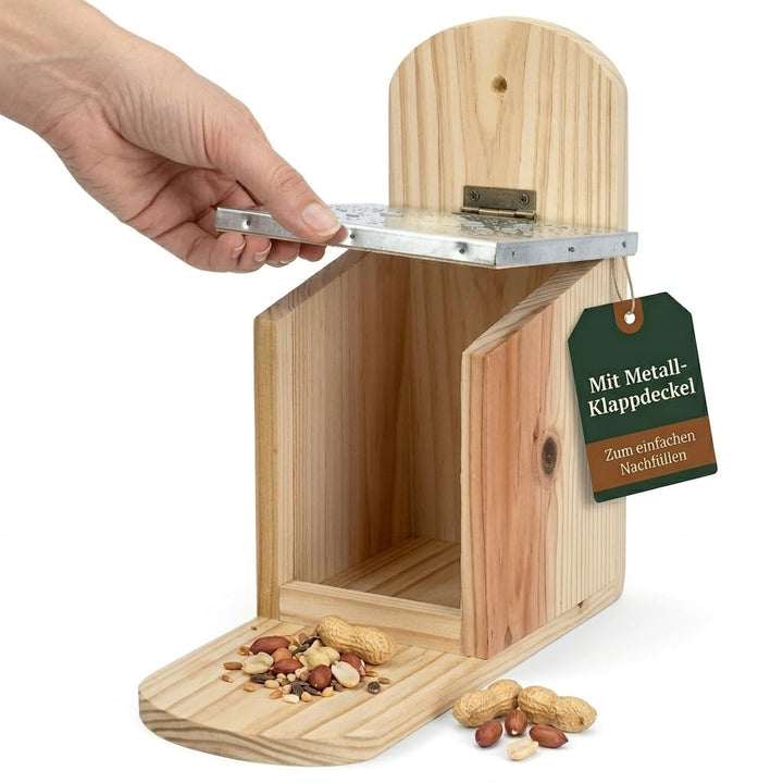 MIJOMA Futterstation für Eichhörnchen – mit Metall-Klappdeckel – aus Tannenholz – für Garten, Balkon