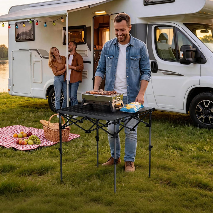 Anbte Campingtisch Klapptisch 67x58cm(LxB) Aluminium Aufrollbare Tischplatte mit 2 Höhen 44/70cm X-F
