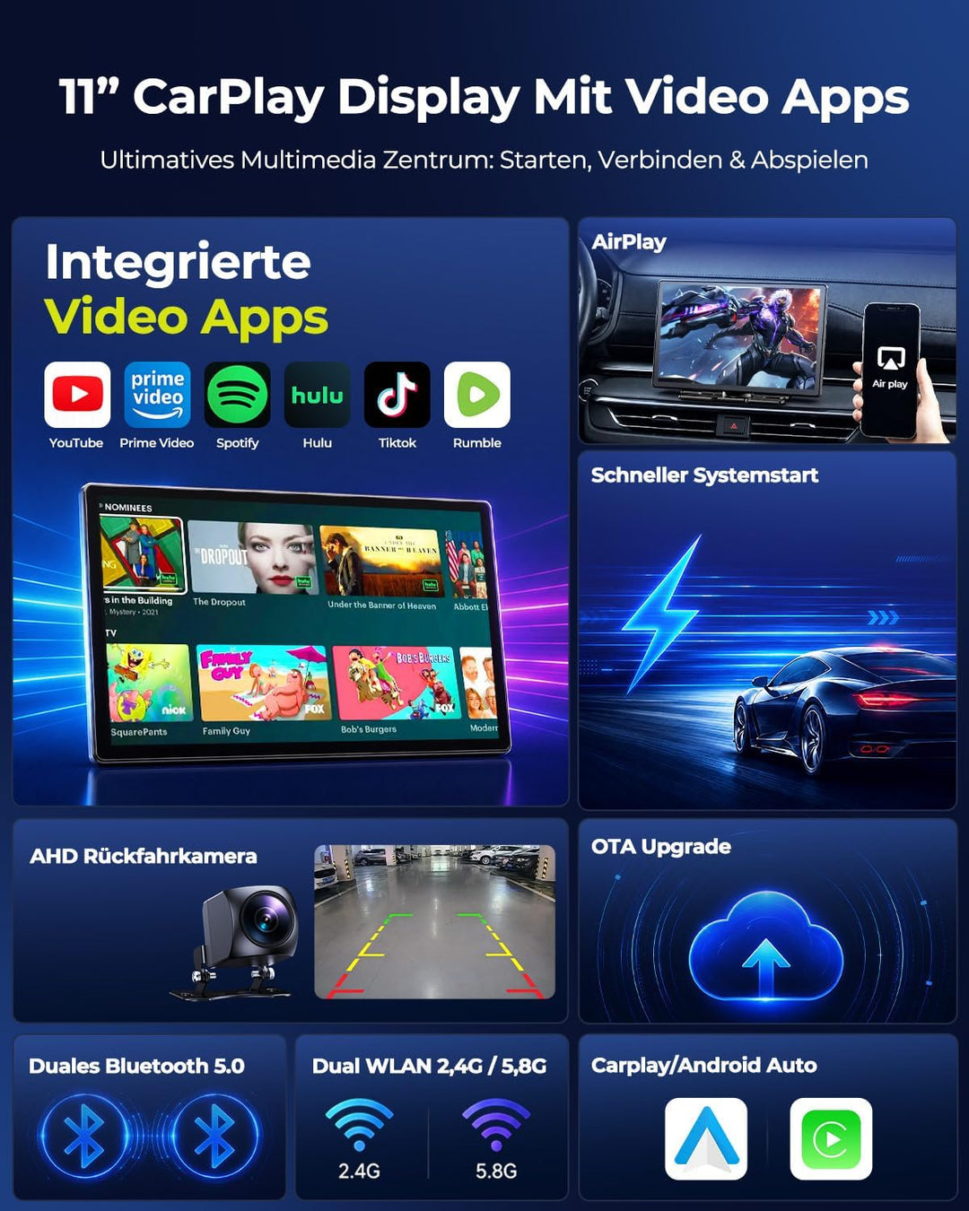 LAMTTO 11 Zoll Wireless CarPlay Display mit YouTube TikTok Video-Apps,Tragbares Autoradio für Apple