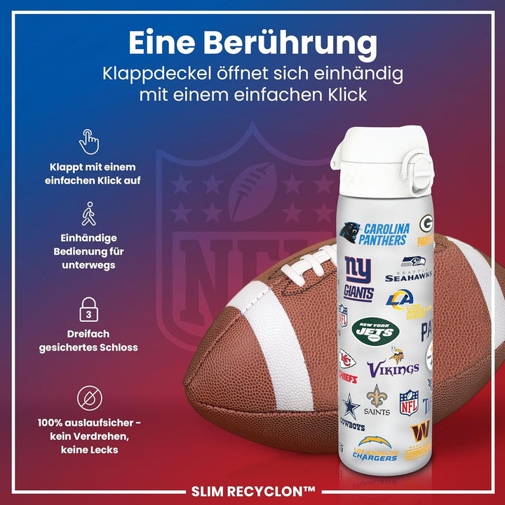 ion8 NFL Edelstahl-Trinkflasche, Auslaufsicher, Einhandöffnung, Sichere Verriegelung, Spülmaschinenf